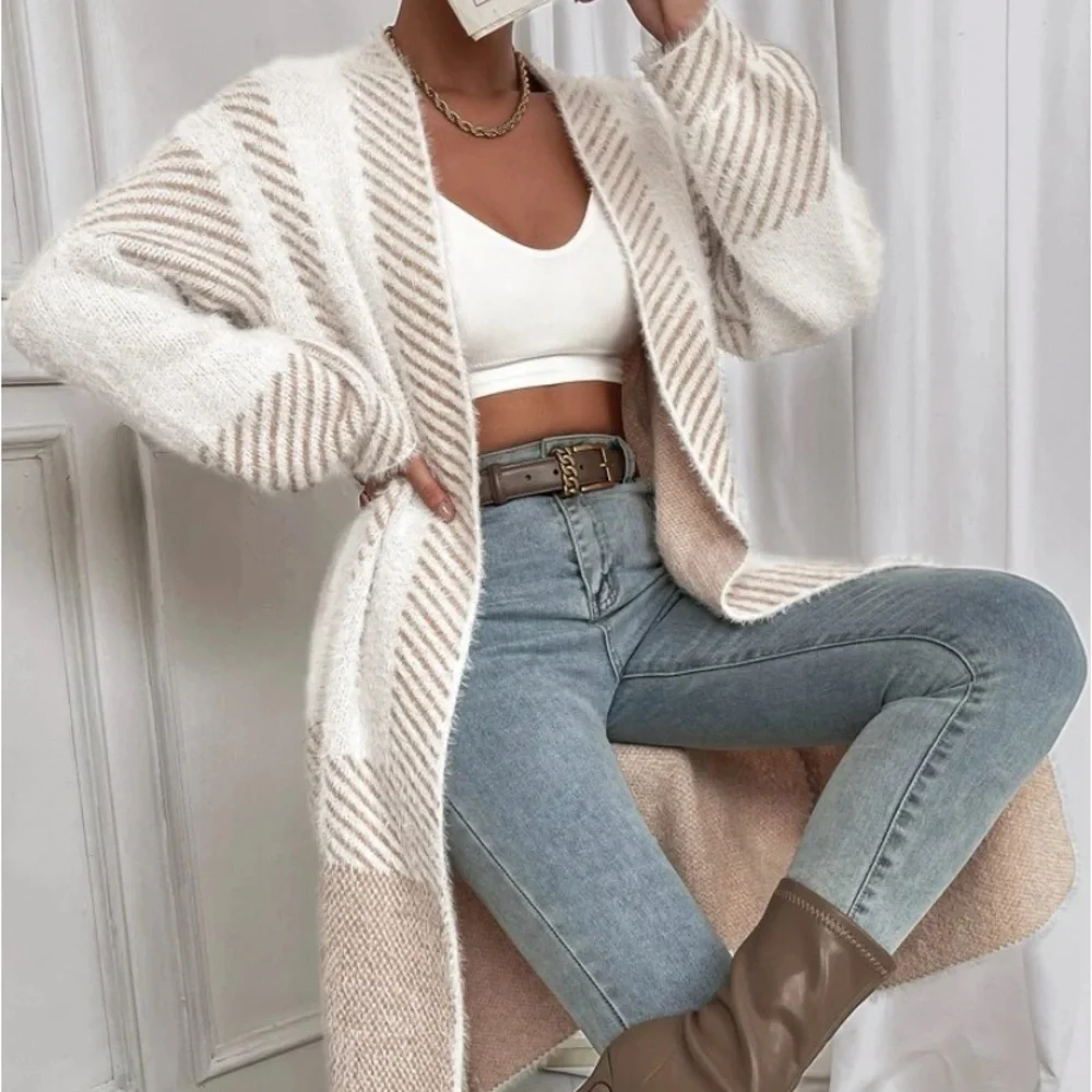 New striped pattern fuzzy cardigan jacket - Picture 1 of 9